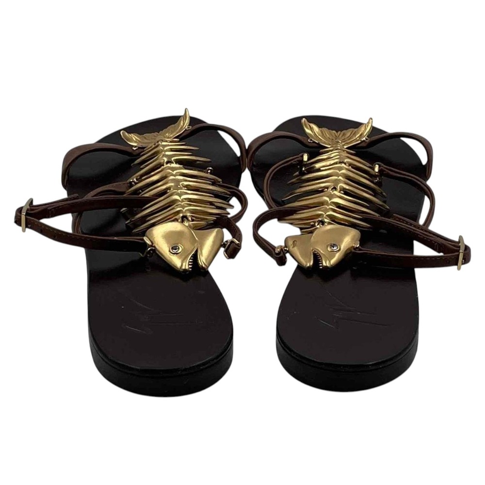 RARE Giuseppe Zanotti Fishbone Flat Sandals Gold Skeleton Womens Size EU 38.5